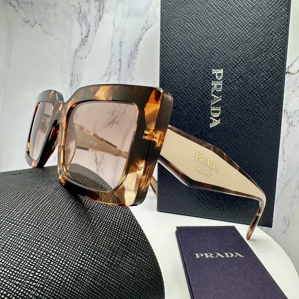 New PRADA Sunglasses Brown Beige Caramel Tortoise Gold Symbole Womens Rectangle - Picture 16 of 16